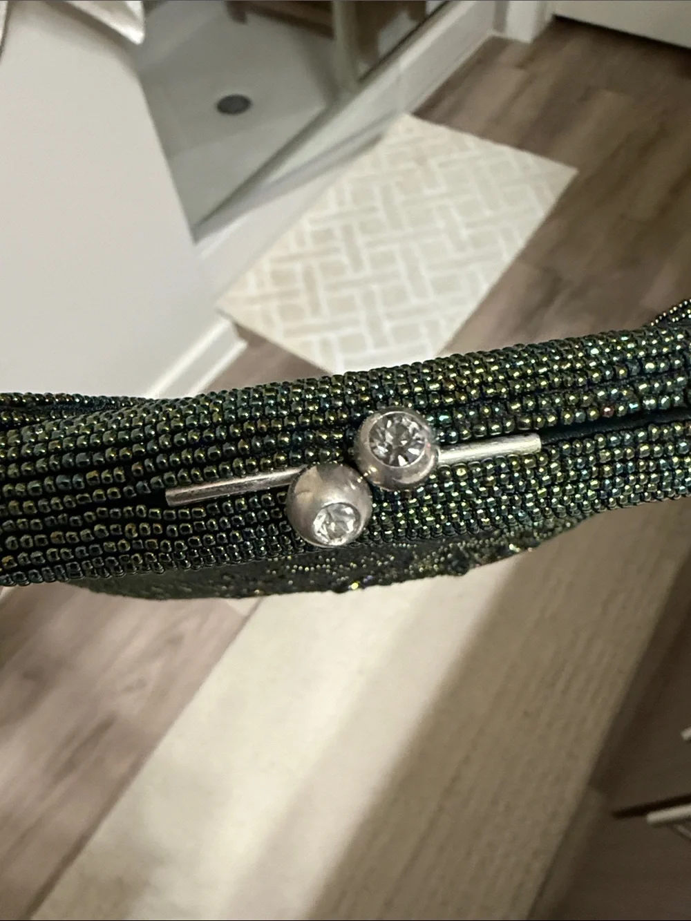 Beaded Antique Evening Handbag in Iridescent Dark Green Beads, etc All Perfect.
